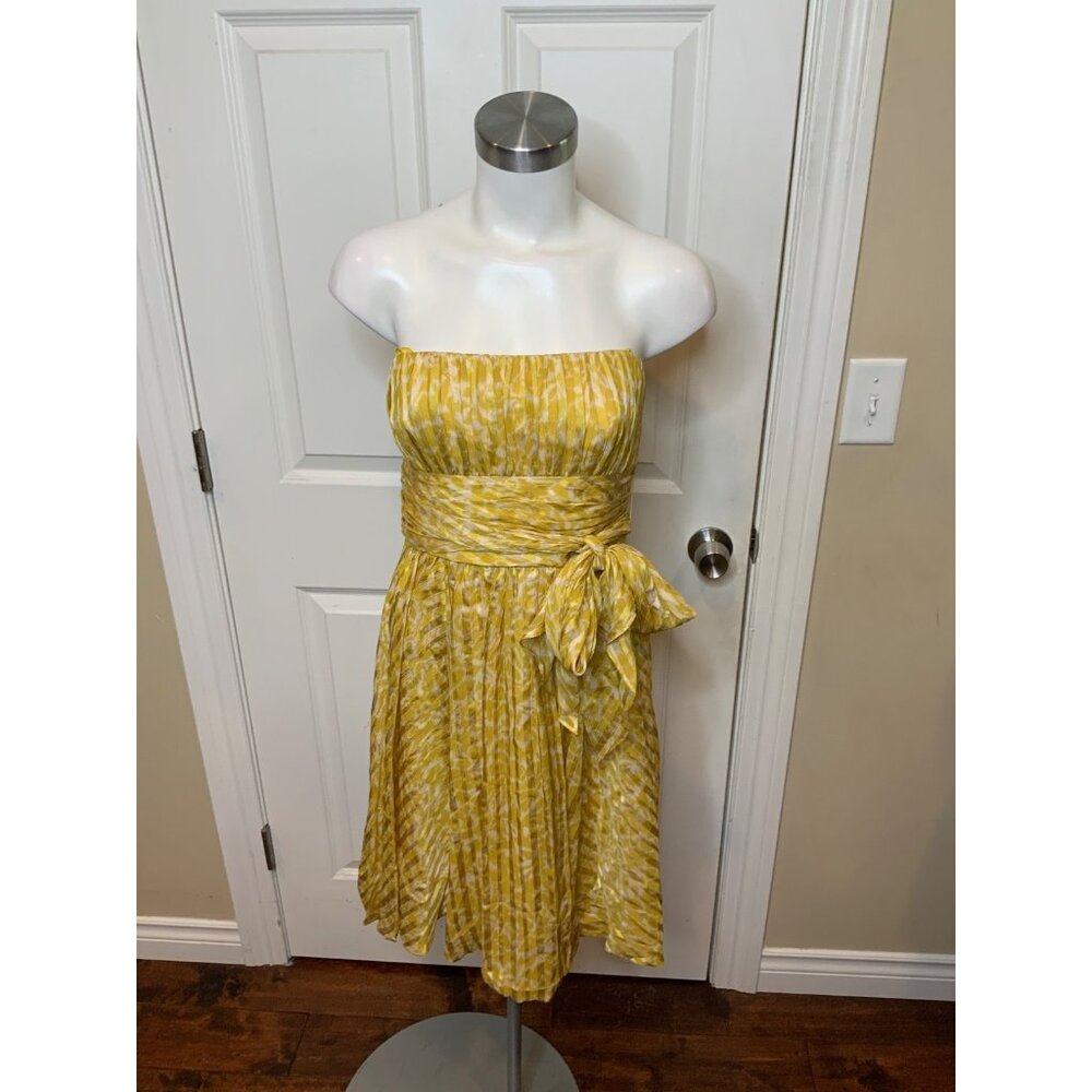 BCBG Max Azria Yellow & Cream Patterned 100% Silk Belted Strapless Dress, Size 6